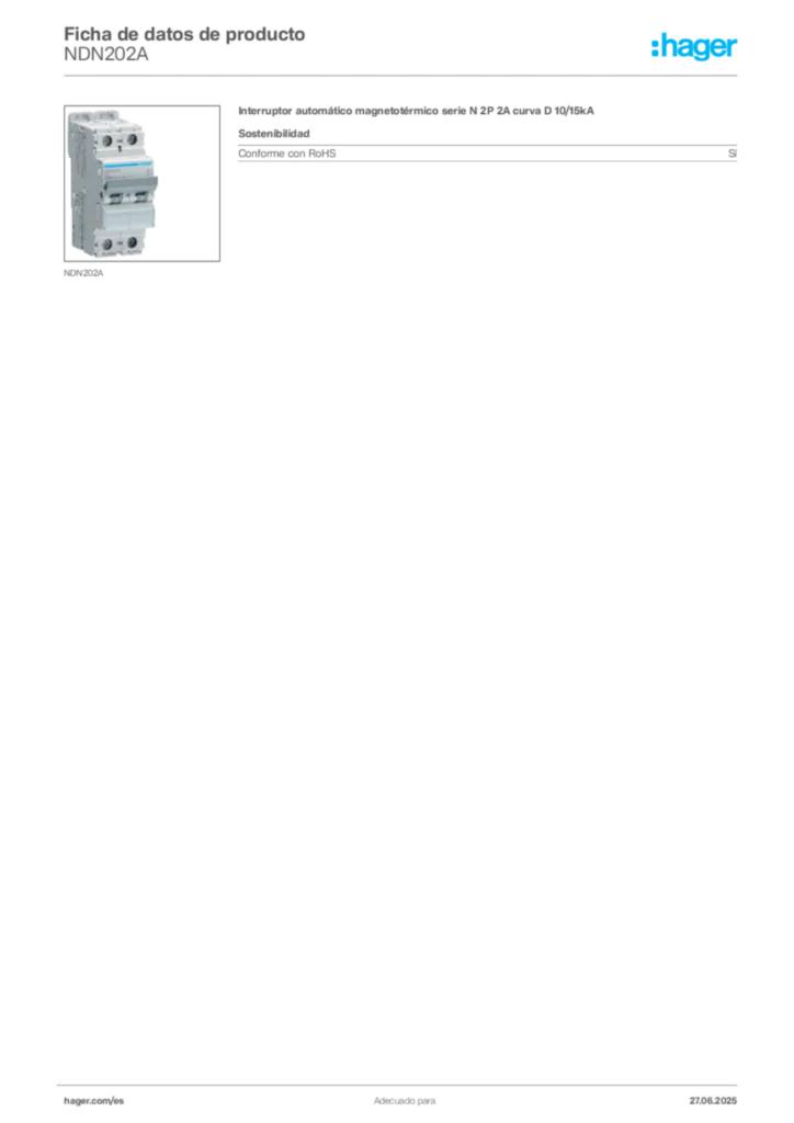 Imagen Hager Ficha de datos de producto NDN202A | Hager España