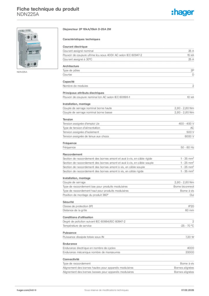 Image Hager Fiche technique du produit NDN225A | Hager Afrique
