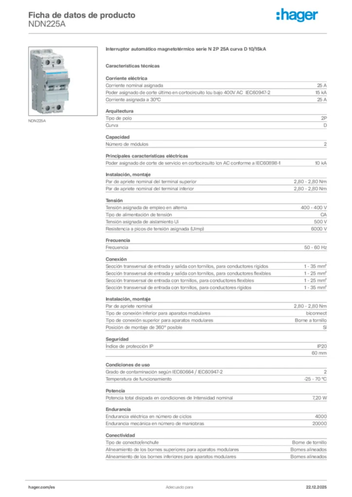 Imagen Hager Ficha de datos de producto NDN225A | Hager España