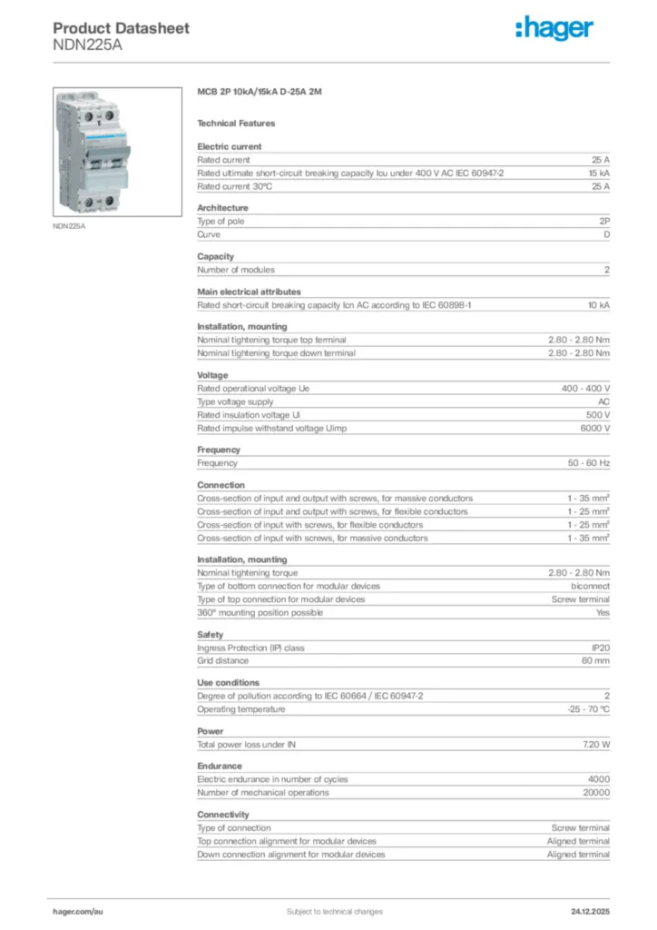 Image Hager Product data sheet NDN225A  | Hager Australia
