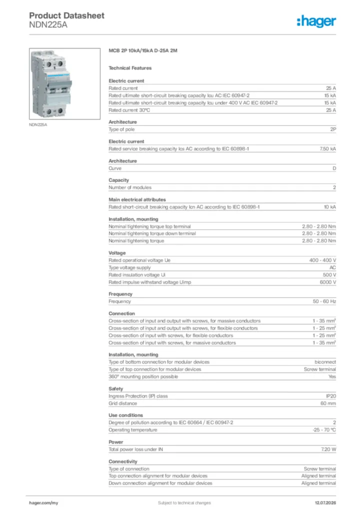 Image Hager Product data sheet NDN225A  | Hager