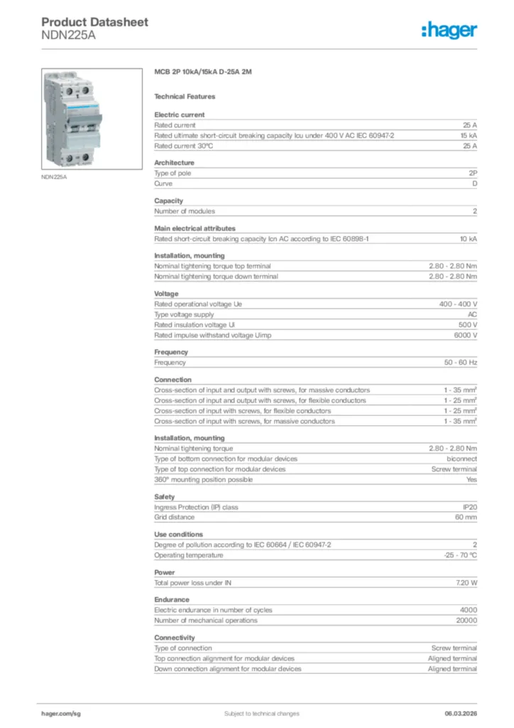 Image Hager Product data sheet NDN225A  | Hager