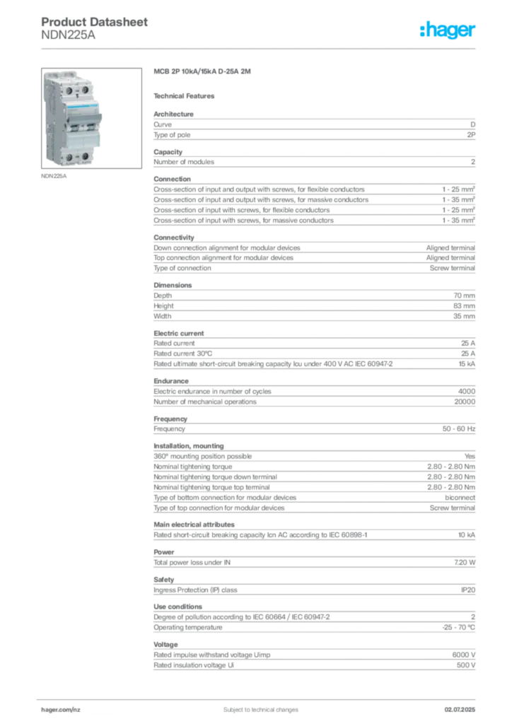 Image Hager Product data sheet NDN225A  | Hager New Zealand