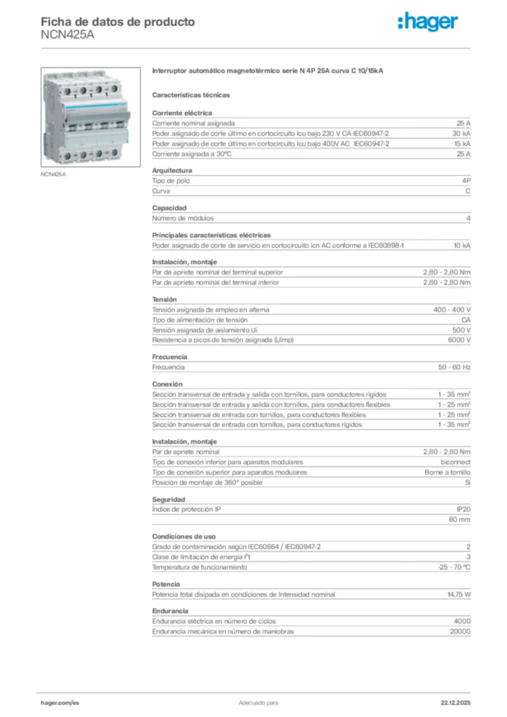Imagen Hager Ficha de datos de producto NCN425A | Hager España