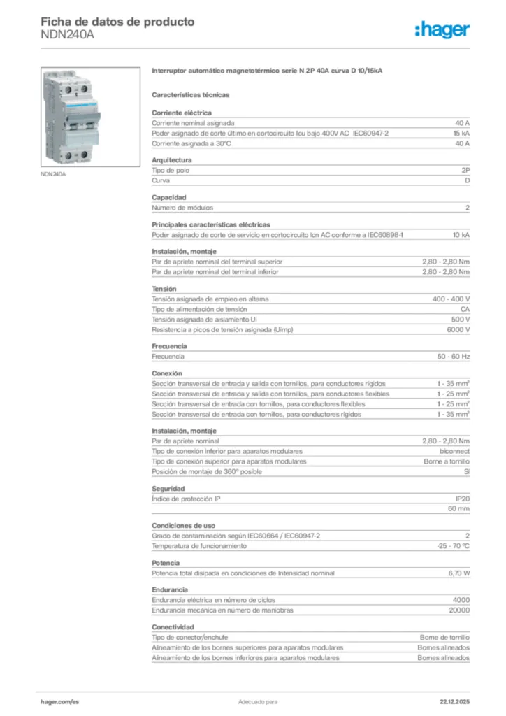 Imagen Hager Ficha de datos de producto NDN240A | Hager España