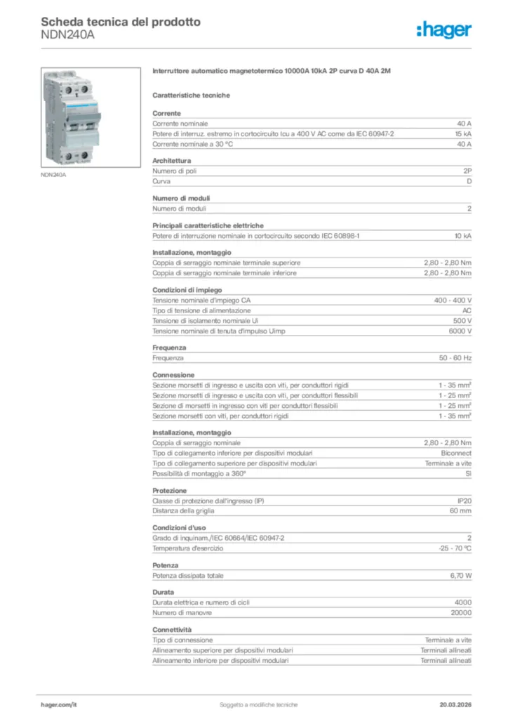 Immagine Hager Scheda tecnica del prodotto NDN240A | Hager Italia