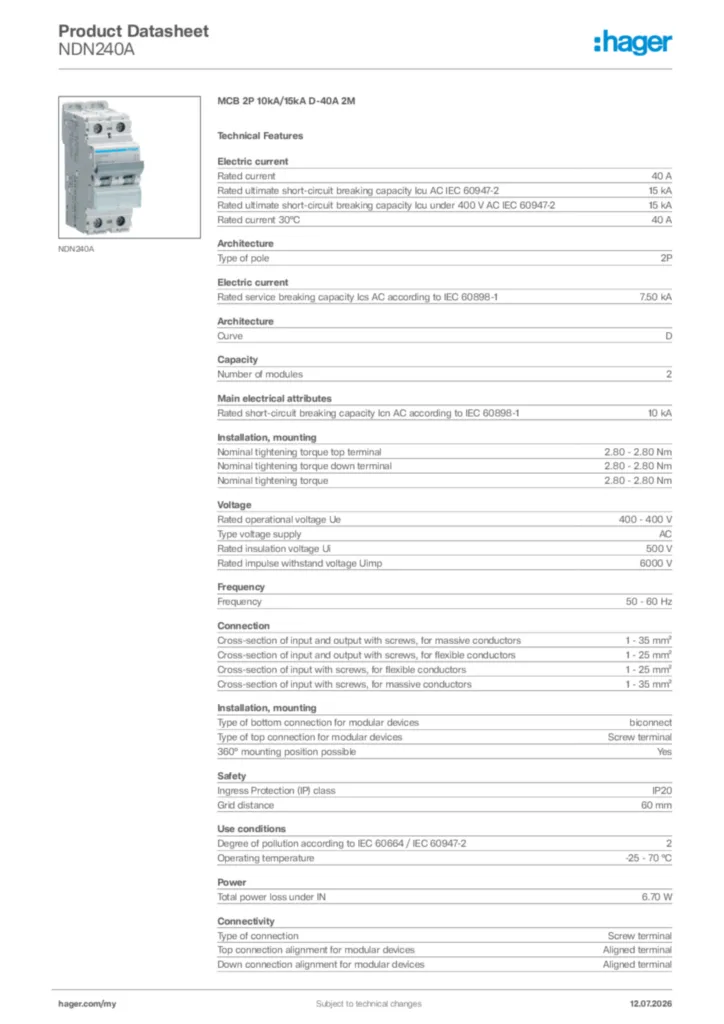 Image Hager Product data sheet NDN240A  | Hager