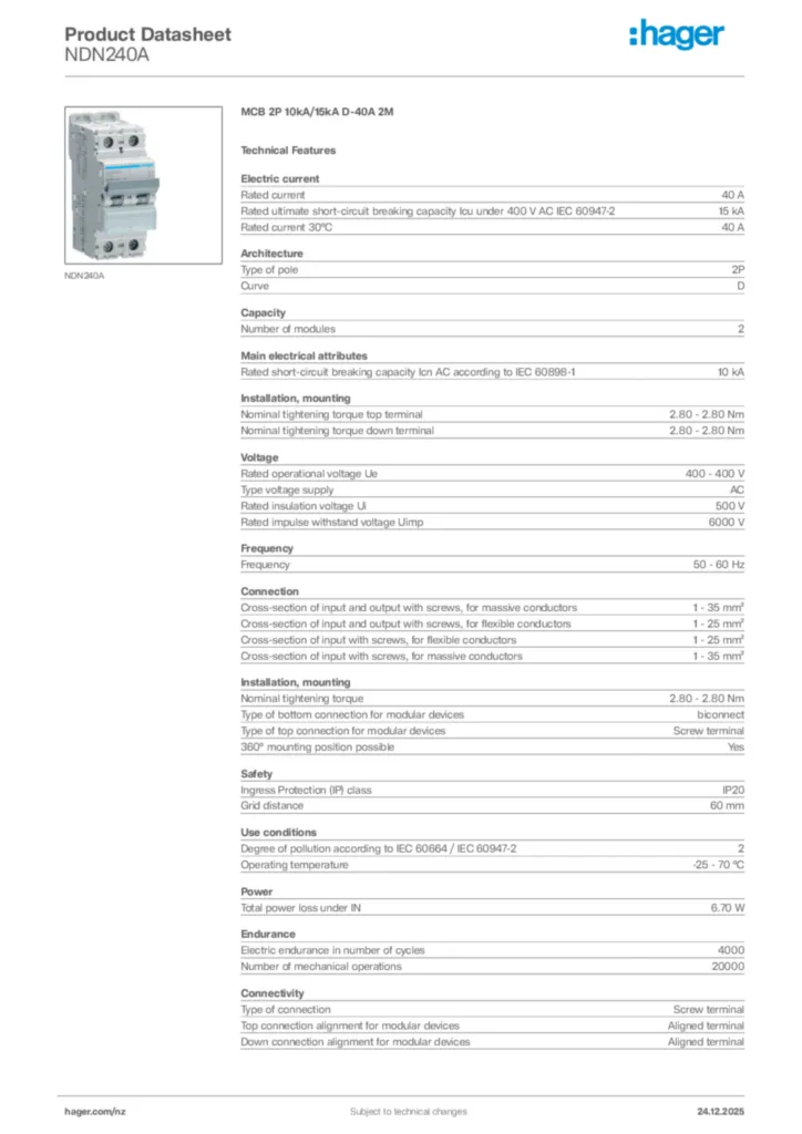 Image Hager Product data sheet NDN240A  | Hager New Zealand