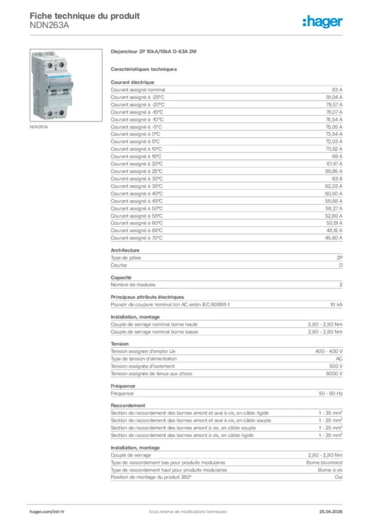 Image Hager Fiche technique du produit NDN263A | Hager Afrique