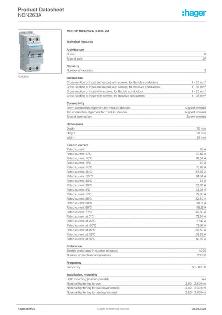 Image Hager Product data sheet NDN263A  | Hager