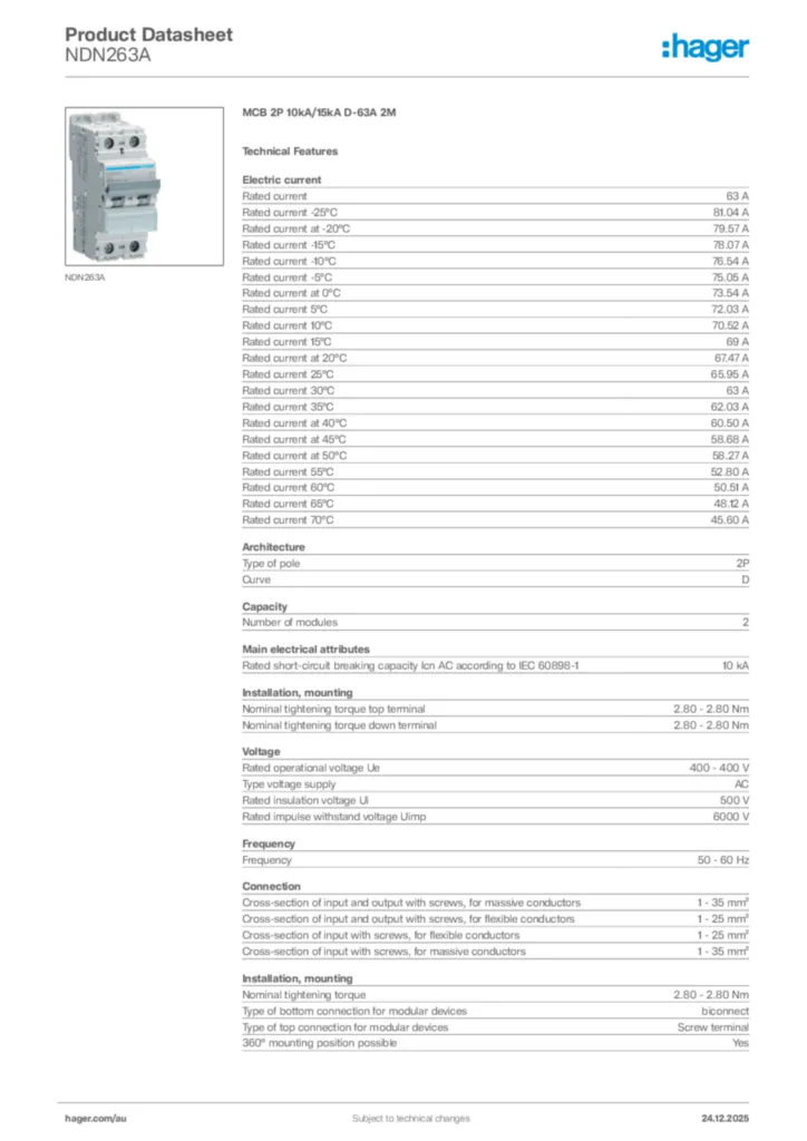 Image Hager Product data sheet NDN263A  | Hager Australia
