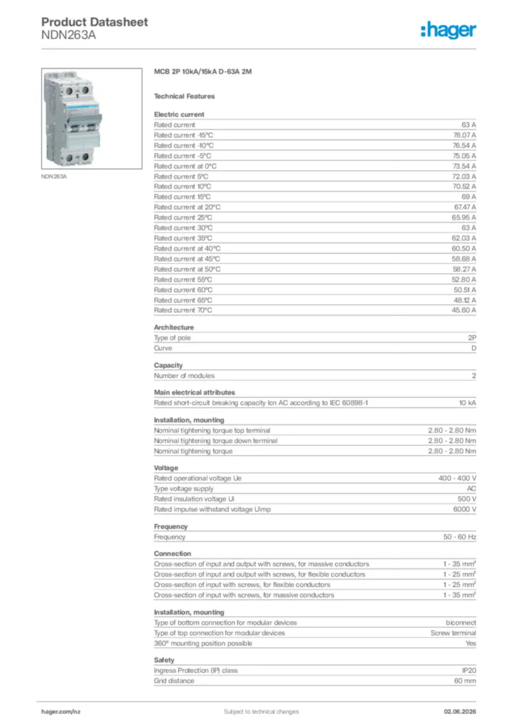 Image Hager Product data sheet NDN263A  | Hager New Zealand