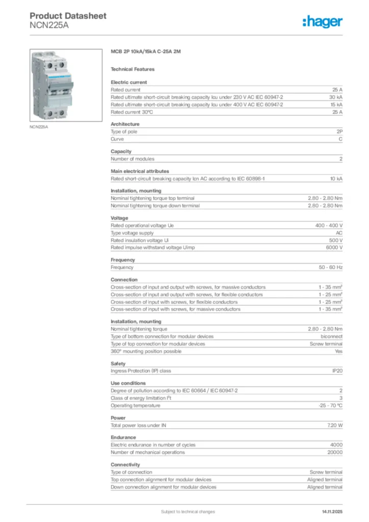 Image Hager Product data sheet NCN225A  | Hager Africa