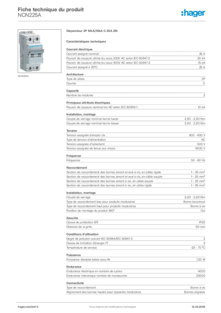 Image Hager Fiche technique du produit NCN225A | Hager Afrique