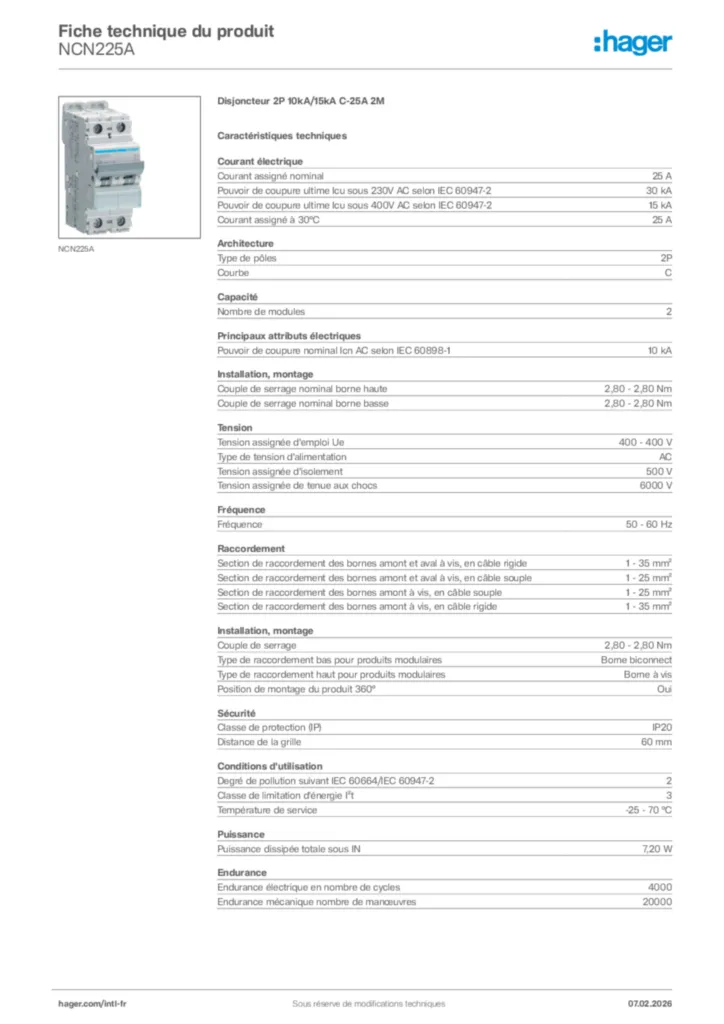 Image Hager Fiche technique du produit NCN225A | Hager Afrique