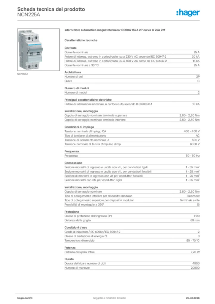 Immagine Hager Scheda tecnica del prodotto NCN225A | Hager Italia