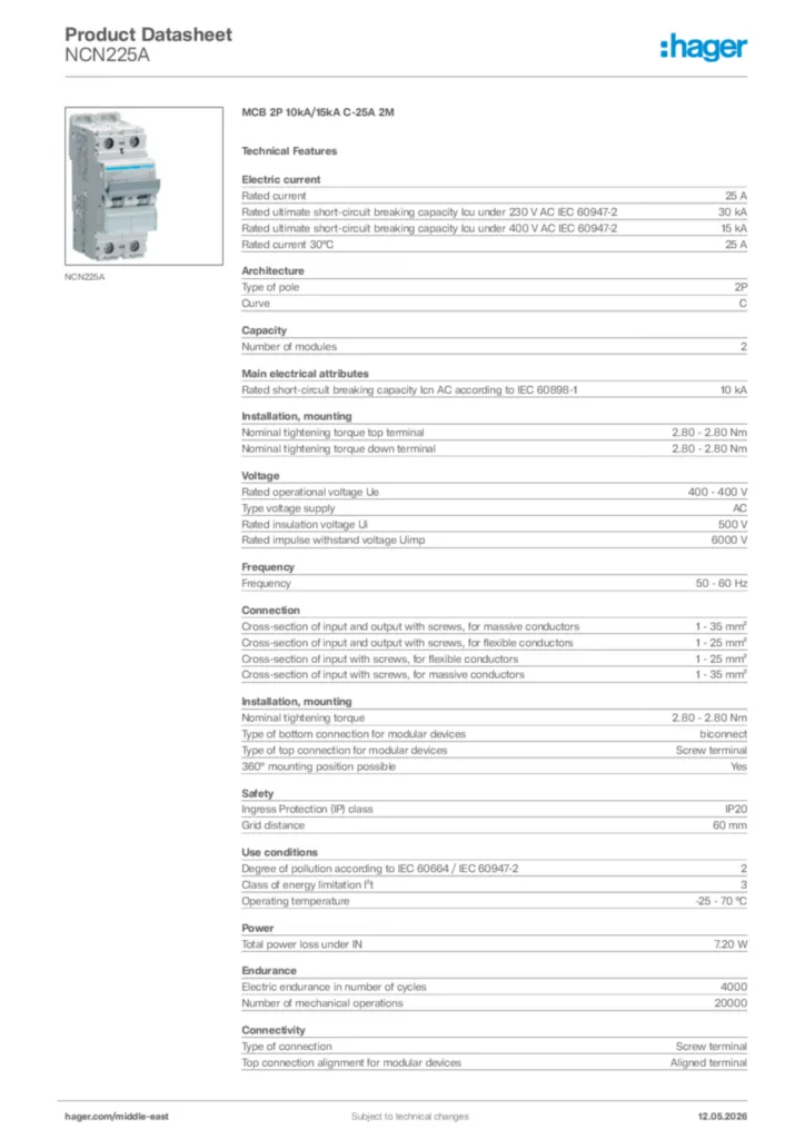 Image Hager Product data sheet NCN225A  | Hager