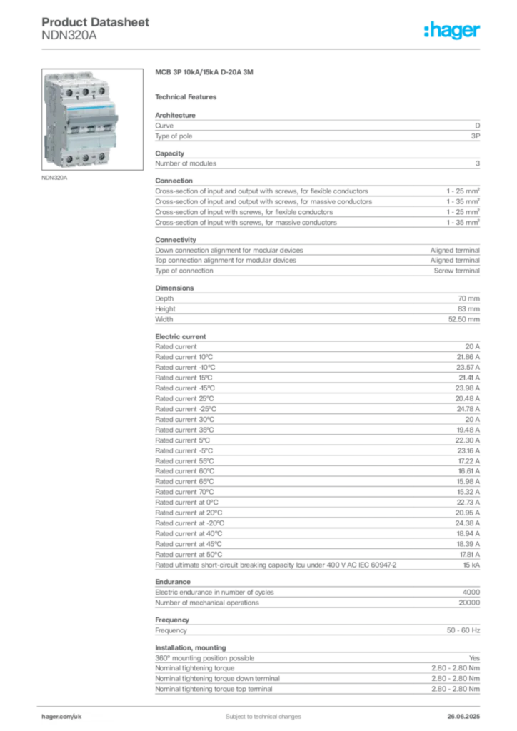 Image Hager Product data sheet NDN320A  | Hager