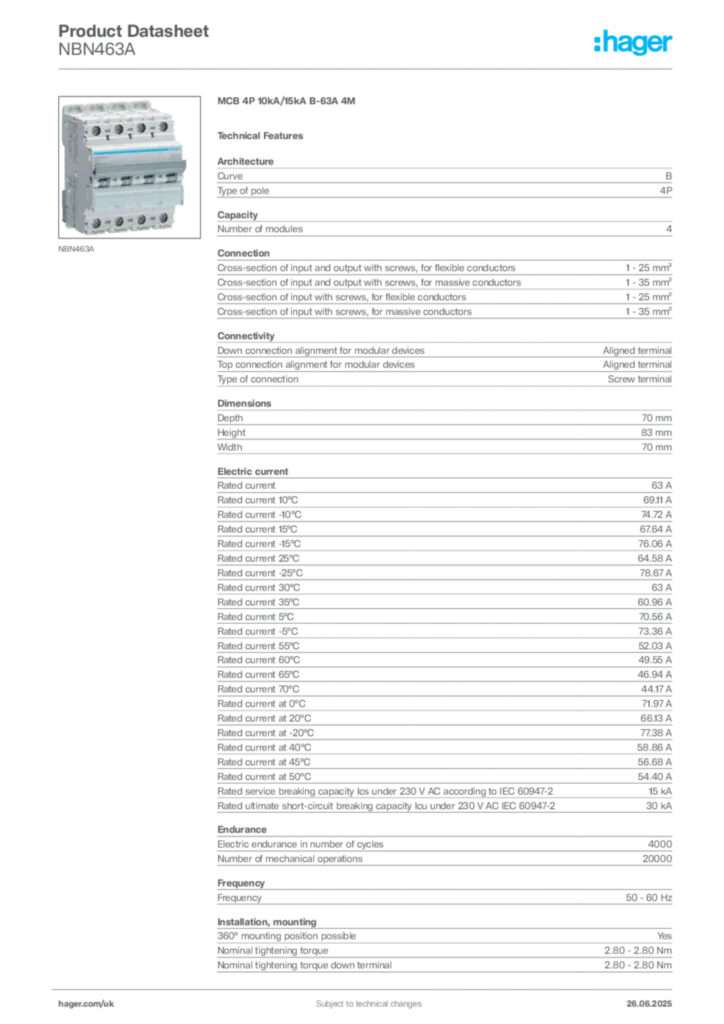 Image Hager Product data sheet NBN463A  | Hager