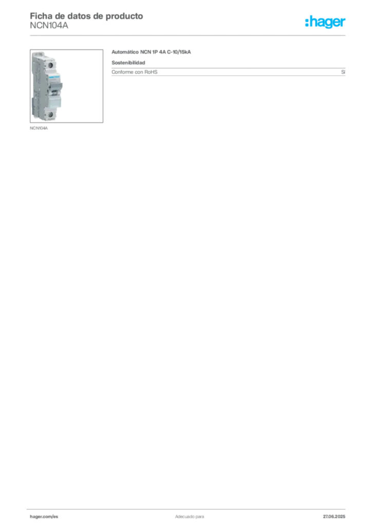 Imagen Hager Ficha de datos de producto NCN104A | Hager España