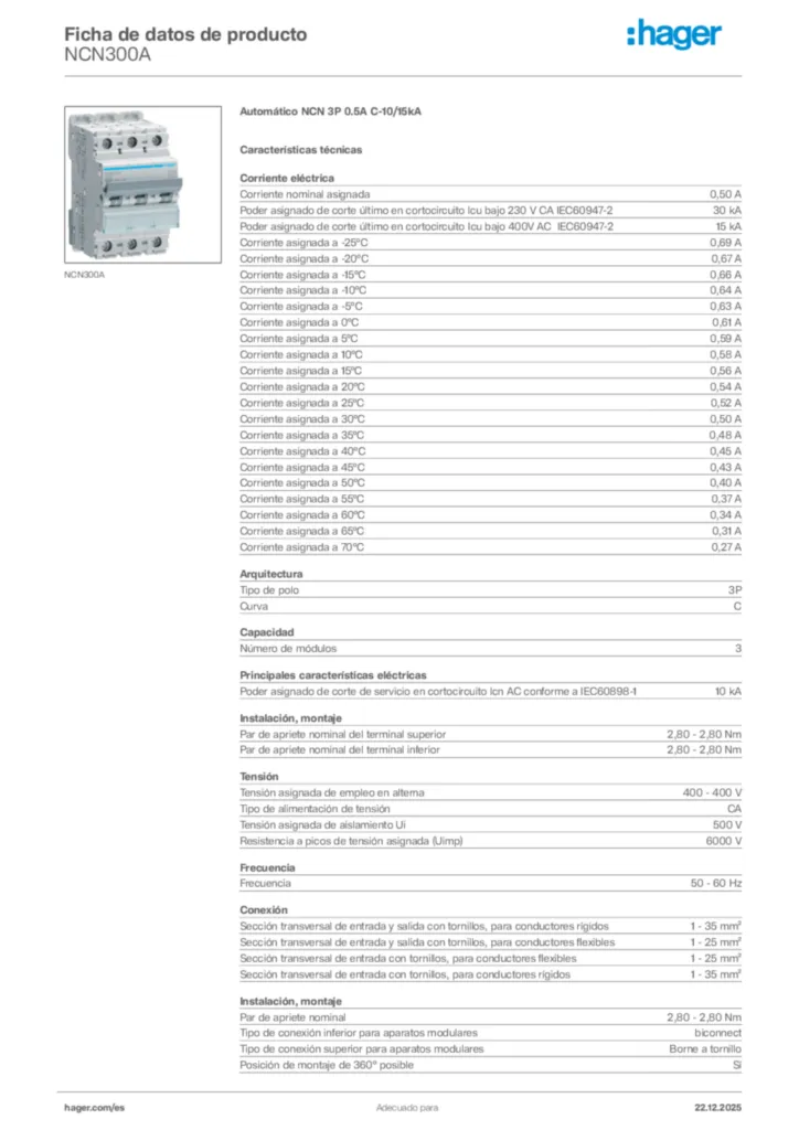 Imagen Hager Ficha de datos de producto NCN300A | Hager España