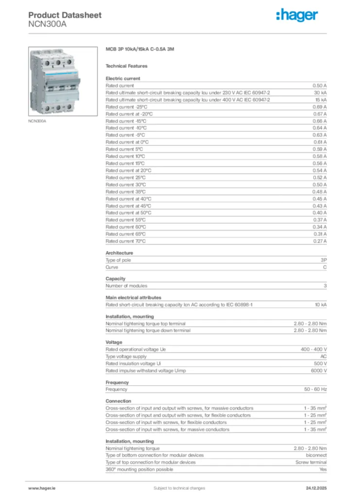 Image Hager Product data sheet NCN300A  | Hager