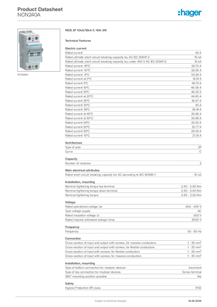 Image Hager Product data sheet NCN240A  | Hager Africa
