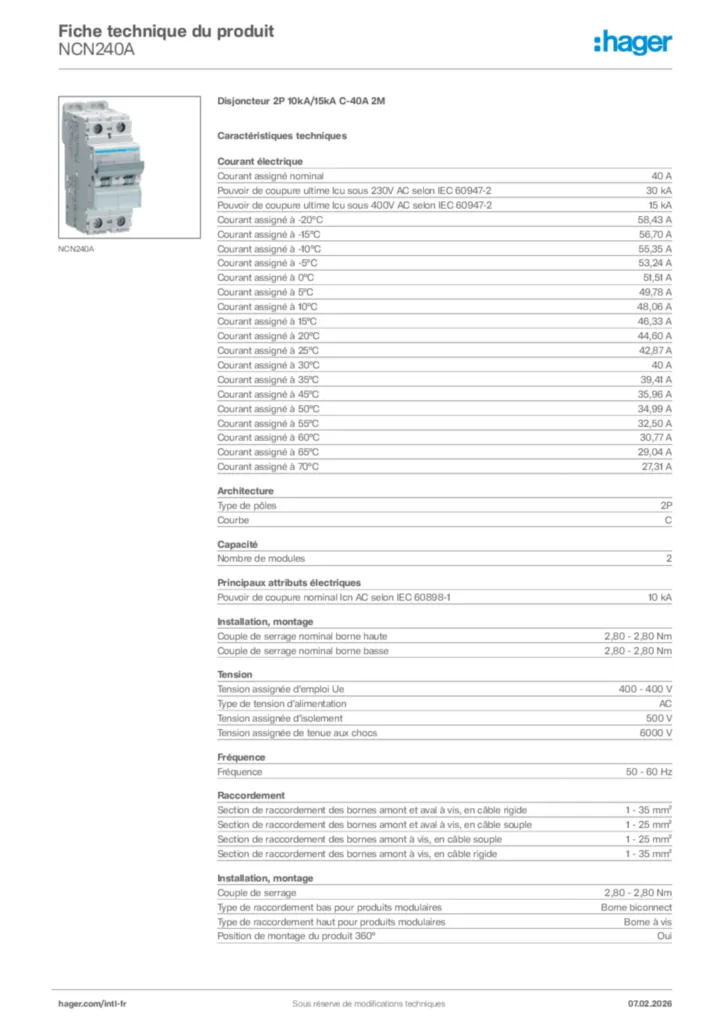 Image Hager Fiche technique du produit NCN240A | Hager Afrique