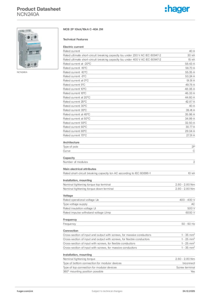 Image Hager Product data sheet NCN240A  | Hager