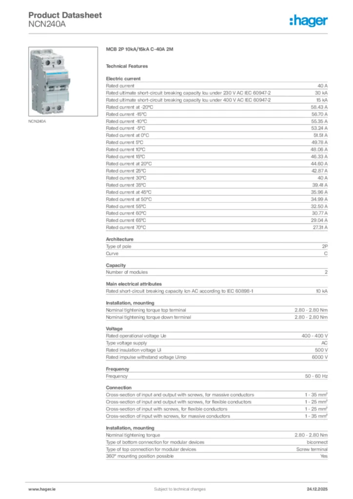 Image Hager Product data sheet NCN240A  | Hager
