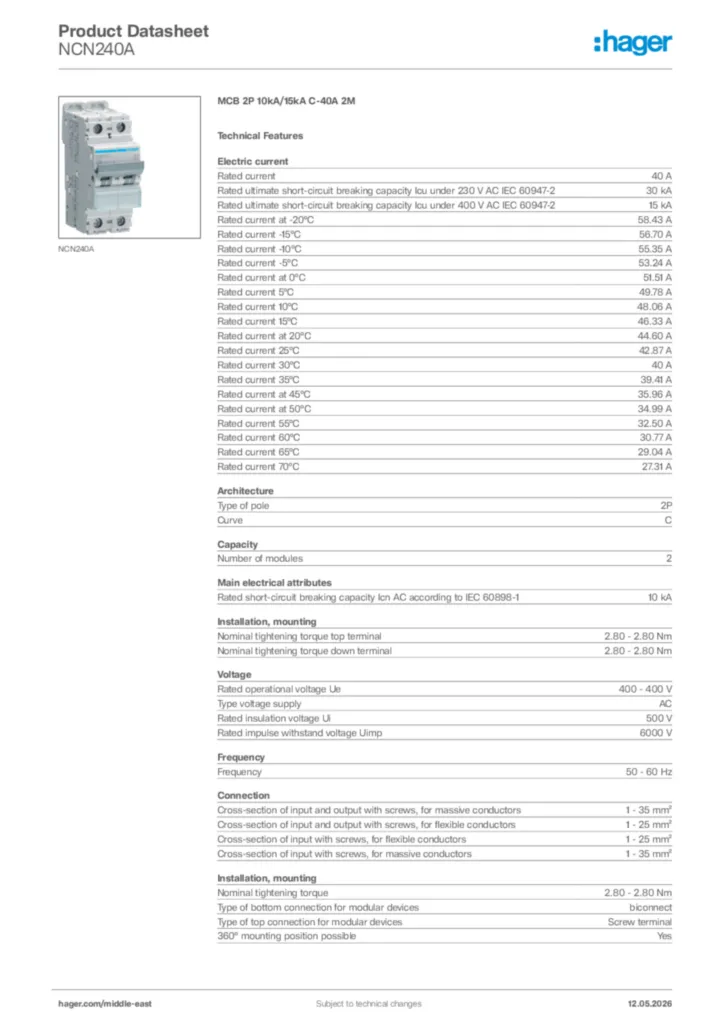 Image Hager Product data sheet NCN240A  | Hager