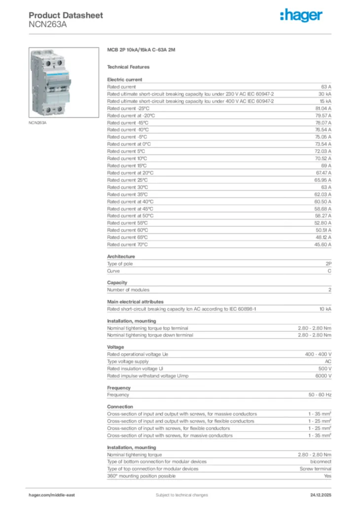 Image Hager Product data sheet NCN263A  | Hager