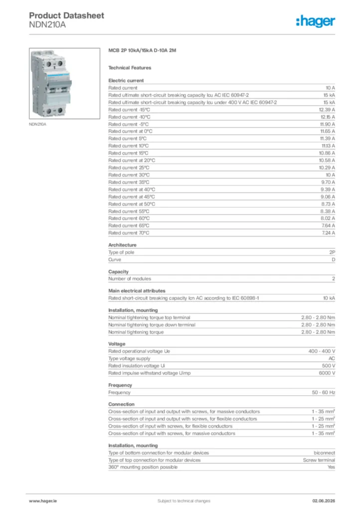 Image Hager Product data sheet NDN210A  | Hager
