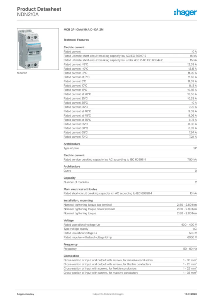 Image Hager Product data sheet NDN210A  | Hager