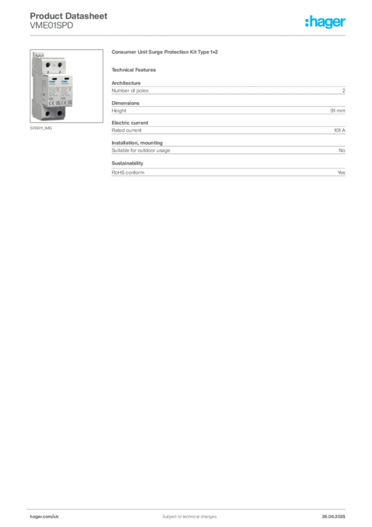 Image Hager Product data sheet VME01SPD  | Hager