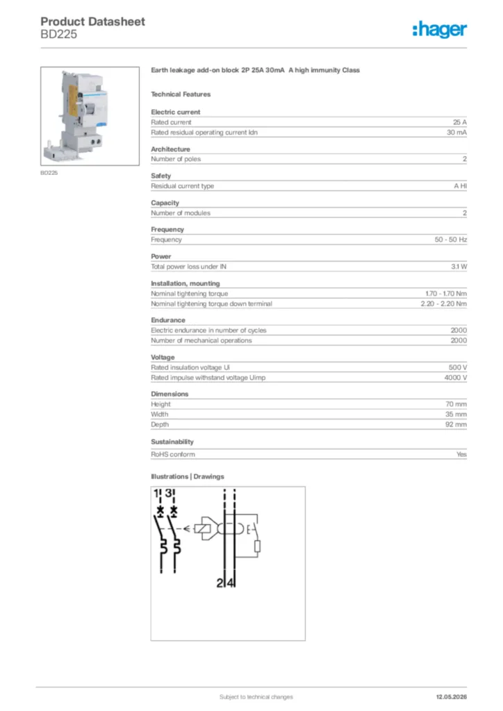 Image Hager Product data sheet BD225  | Hager Africa