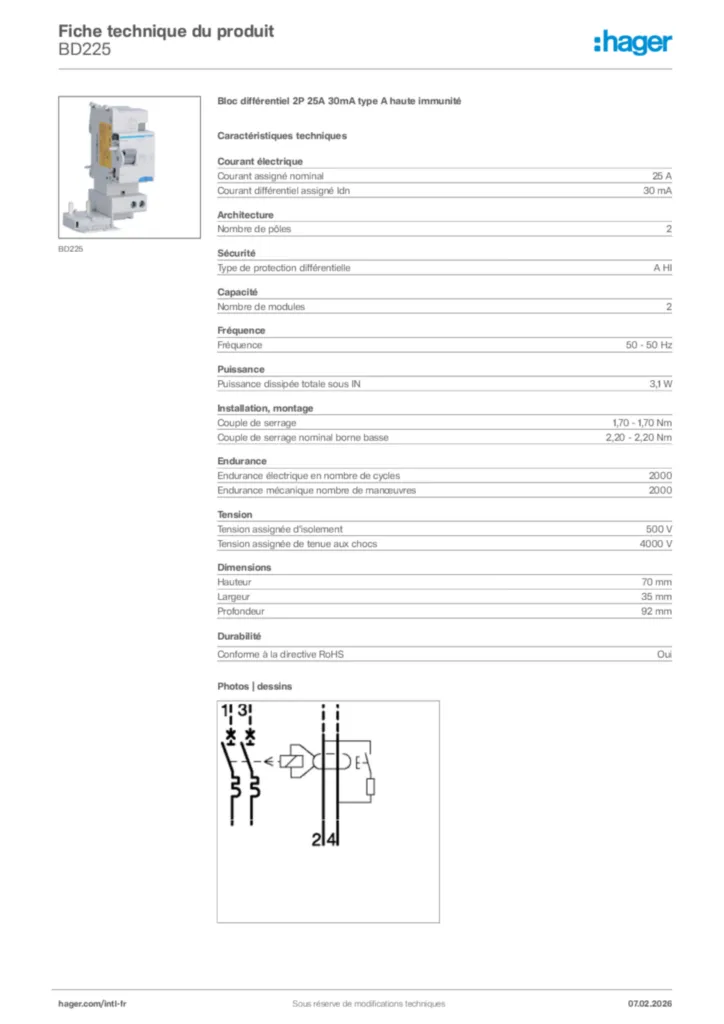 Image Hager Fiche technique du produit BD225 | Hager Afrique