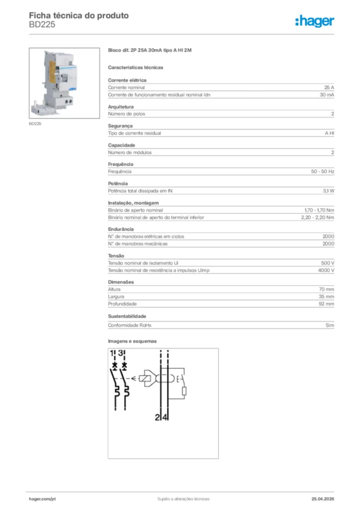 Imagem Hager Ficha técnica do produto BD225 | Hager Portugal