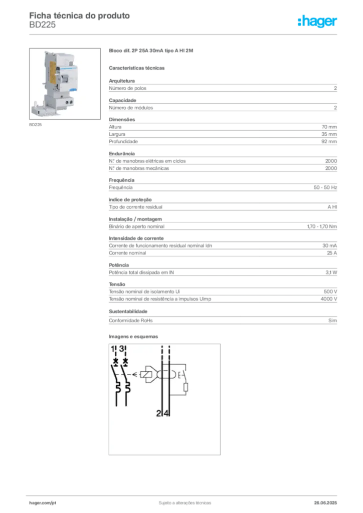Imagem Hager Ficha técnica do produto BD225 | Hager Portugal