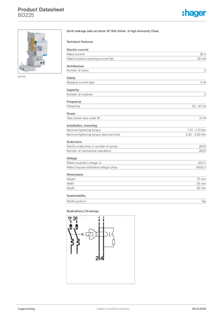Image Hager Product data sheet BD225  | Hager