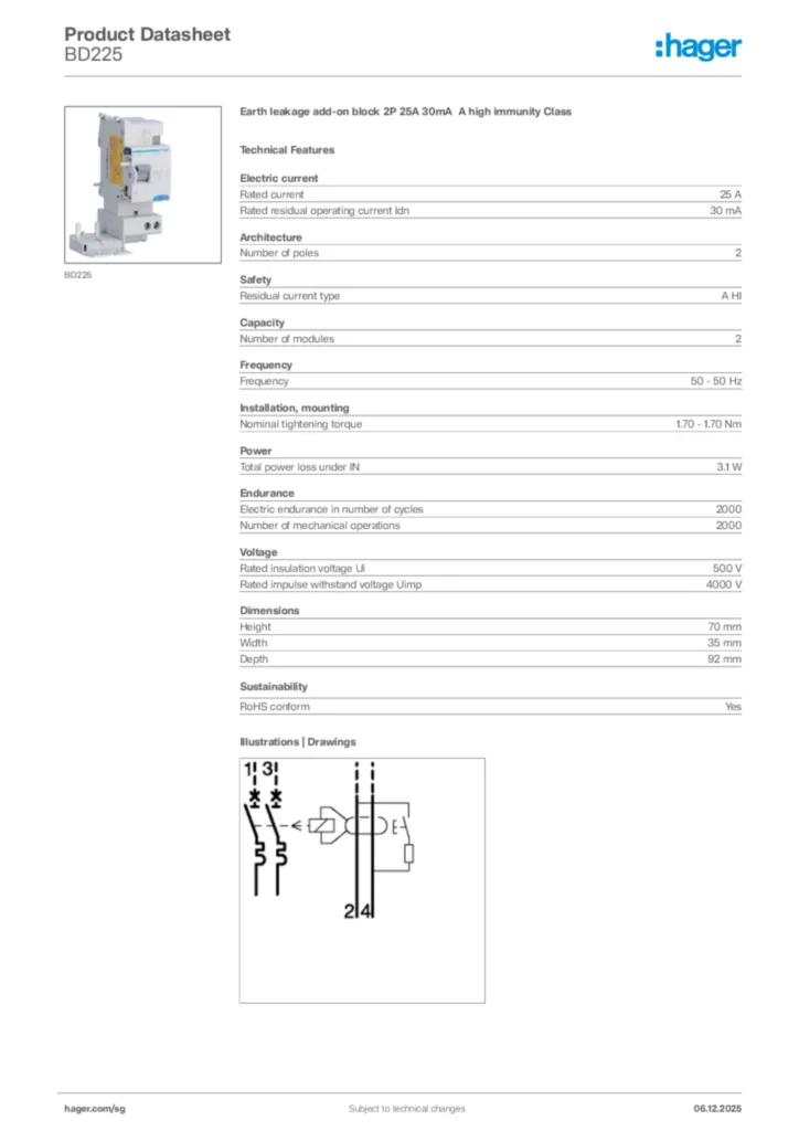 Image Hager Product data sheet BD225  | Hager