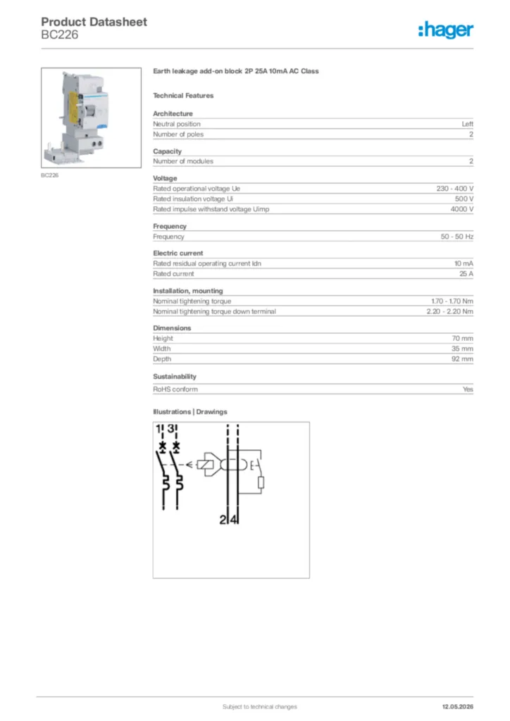 Image Hager Product data sheet BC226  | Hager Africa