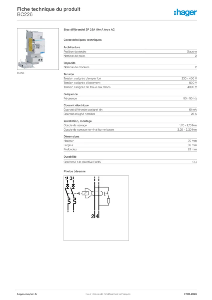 Image Hager Fiche technique du produit BC226 | Hager Afrique