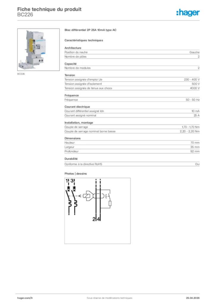 Image Hager Fiche technique du produit BC226 | Hager France