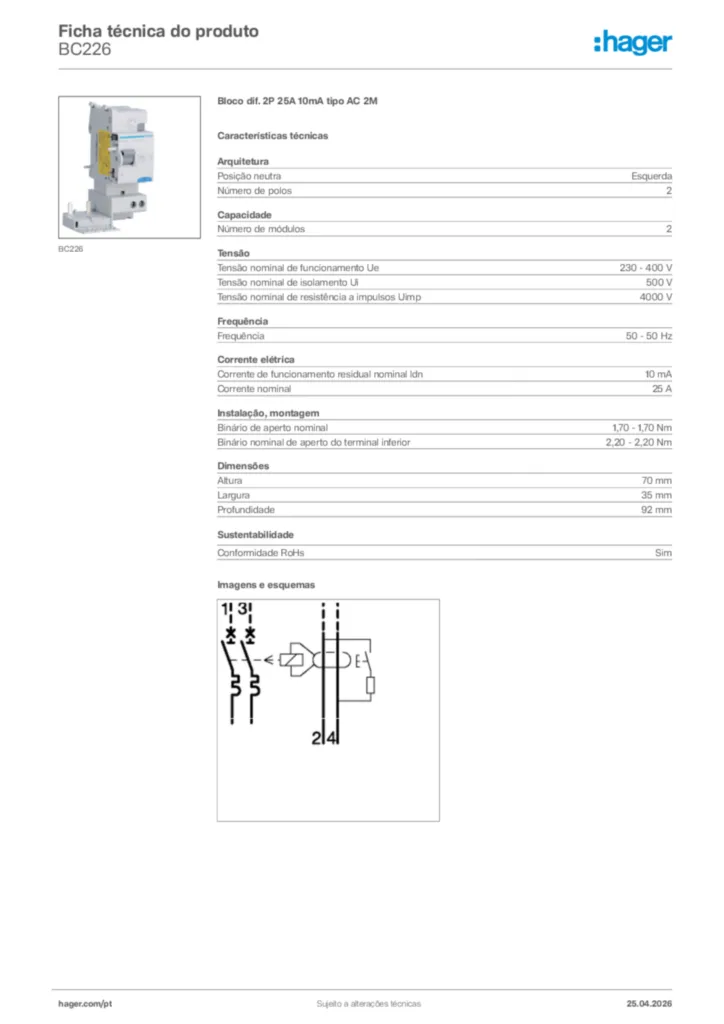 Imagem Hager Ficha técnica do produto BC226 | Hager Portugal
