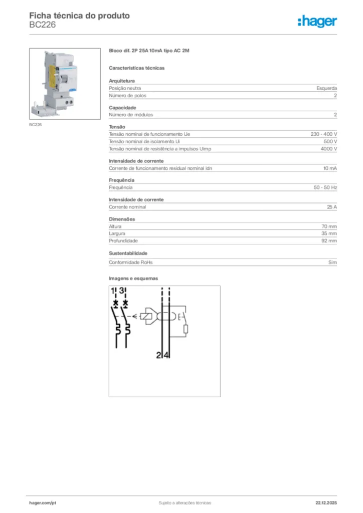 Imagem Hager Ficha técnica do produto BC226 | Hager Portugal