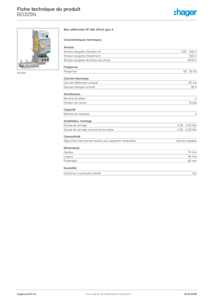 Image Hager Fiche technique du produit BD325N | Hager Suisse