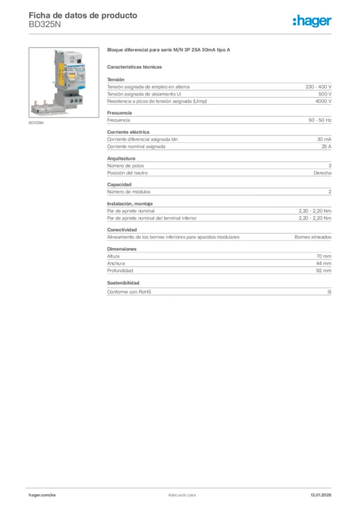 Imagen Hager Ficha de datos de producto BD325N | Hager España