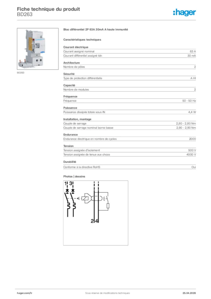 Image Hager Fiche technique du produit BD263 | Hager France