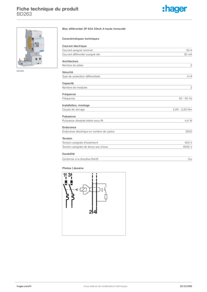 Image Hager Fiche technique du produit BD263 | Hager France